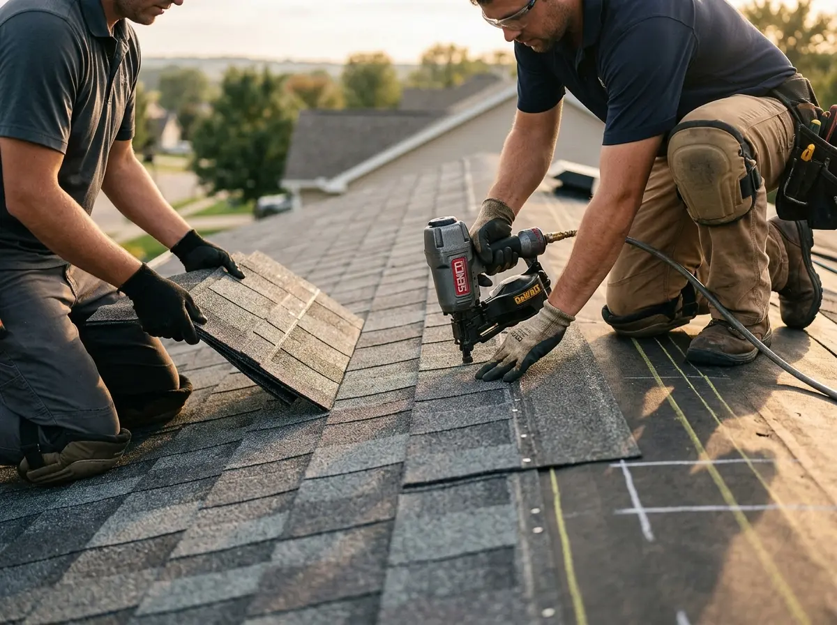 Professional roofer working on a residential roof in Landen
